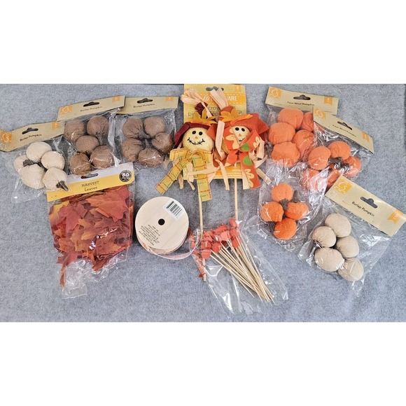 Other - Fall Craft Lot Leaves Fabric Pumpkins Ribbon Scarecrow Picks Cupcake‎ Picks